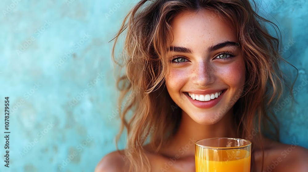 Cheerful woman enjoys refreshing orange juice Cheerful woman enjoys refreshing orange juice