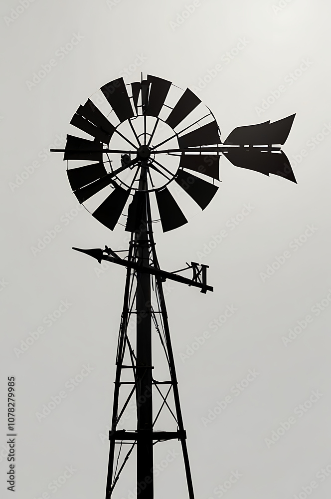 Minimalistic icon of a weather vane symbolizing direction and traditional farm equipment on a white background. Minimalistic icon of a weather vane symbolizing direction and traditional farm equipment on a white background.