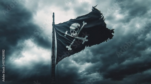 A tattered pirate flag with a skull and crossbones flutters against a stormy sky, symbolizing danger and adventure on the high seas