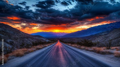 A long, winding road heading towards a vibrant sunset, flanked by mountains under a dramatic sky filled with clouds, creating a stunning landscape for travel inspiration.