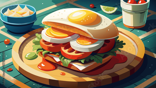 Close up of an egg sub sandwich with mayo, onions, peppers and more