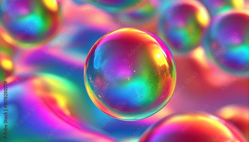 Glossy 3D bubbles floating with rainbow highlights and reflective details Glossy 3D bubbles floating with rainbow highlights and reflective details