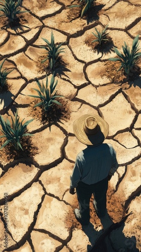 A farmer stands despondently amid cracked earth, facing wilting crops in drought-affected fields photo