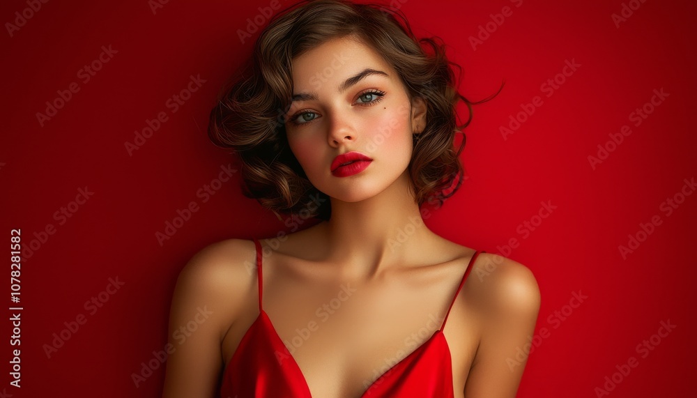 custom made wallpaper toronto digitalA captivating portrait of a young woman with curly hair, wearing a red dress against a striking red background, exuding elegance and confidence.