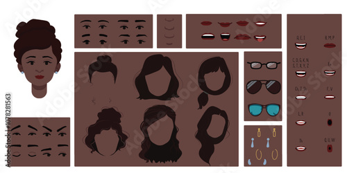 Brown skin colored female face constructor, avatar of woman character creation hairstyle, nose, eyes, eyebrows and lips. Cartoon set suitable for animation and lip sync speaking.	