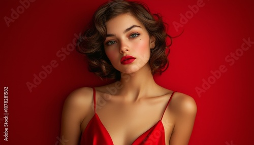A captivating portrait of a young woman with curly hair, wearing a red dress against a striking red background, exuding elegance and confidence.