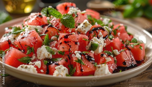 Watermelon Salad with Feta Cheese and Balsamic Glaze