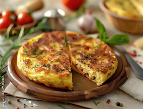 Close up of Spanish Tortilla Espanola garnished with fresh herbs in a pan