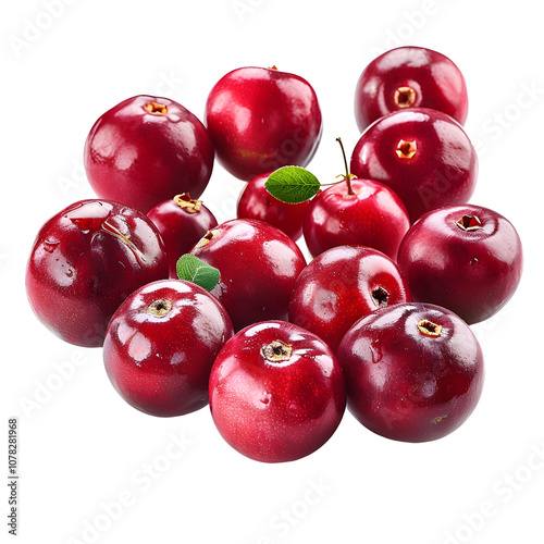 Fresh red cranberries arranged in a cluster on a white background with a few green leaves, isolated on transparent background photo