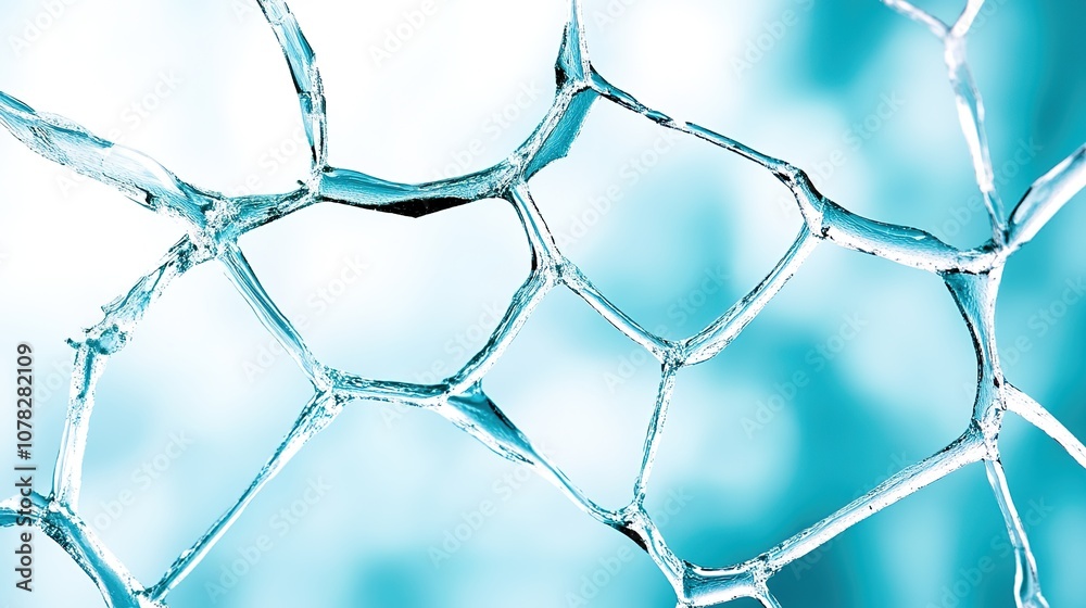 Fototapeta premium Close-Up View of a Soap Bubble Structure Displaying Intricate Patterns and Reflective Surfaces in a Soft Blue Background