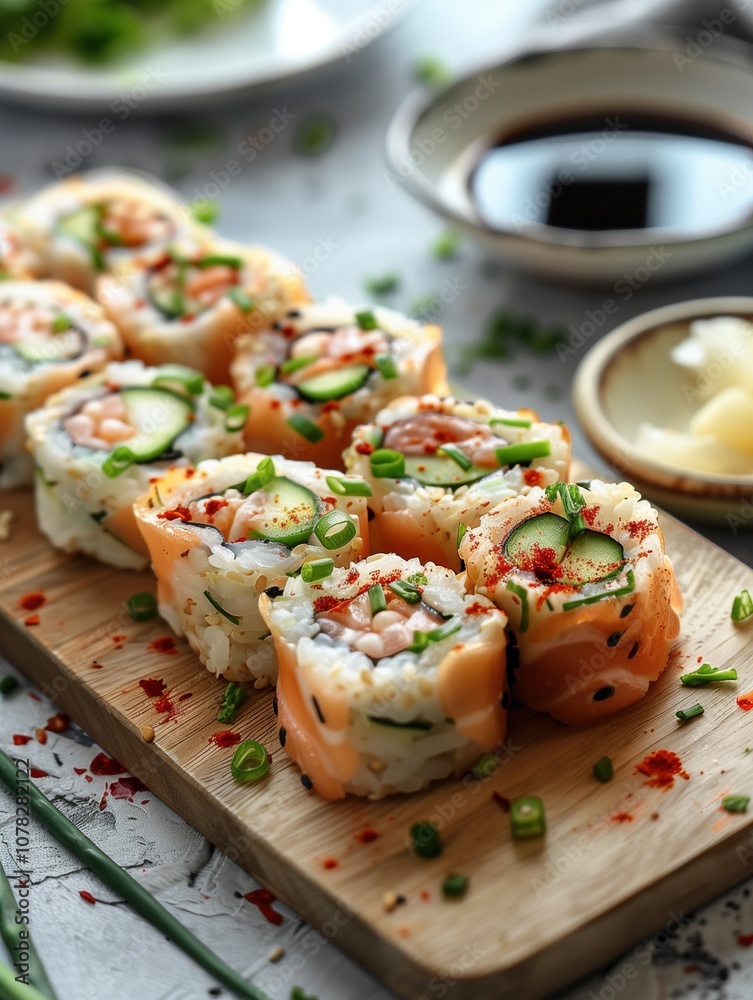 Dynamite Roll sushi with spicy tuna, cucumber, avocado, and jalapenos on a wooden background Dynamite Roll sushi with spicy tuna, cucumber, avocado, and jalapenos on a wooden background