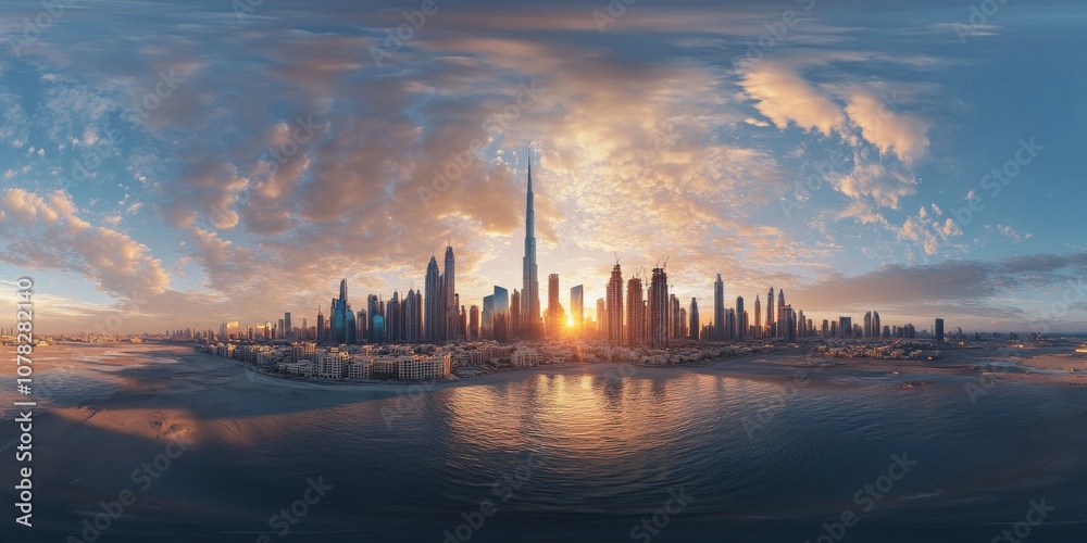 Naklejka premium A stunning 3D view of Dubai's city center at sunrise, showcasing its impressive skyscrapers and luxurious buildings.