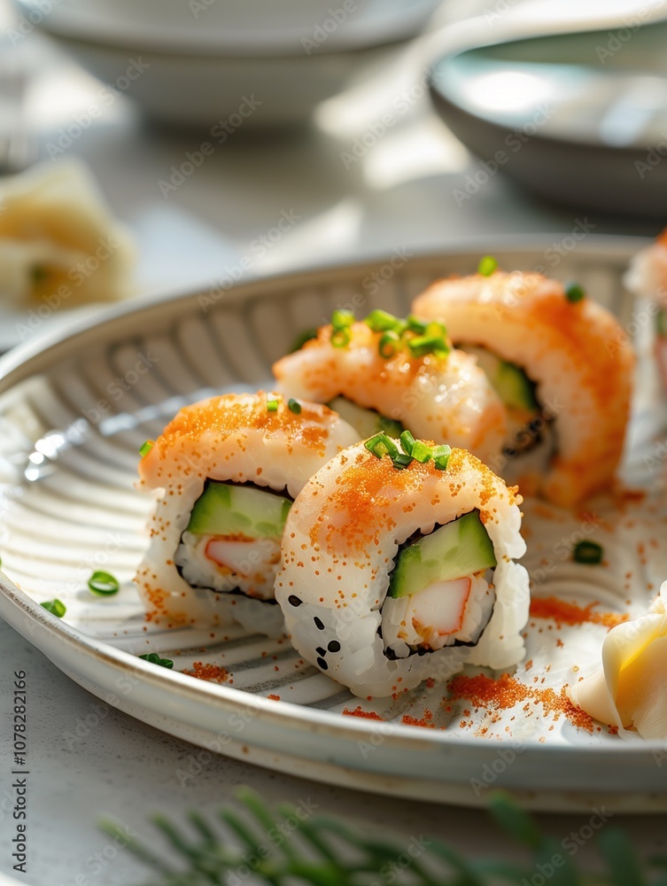 Ginza Roll crab sushi with cucumber and avocado on a beige background Ginza Roll crab sushi with cucumber and avocado on a beige background