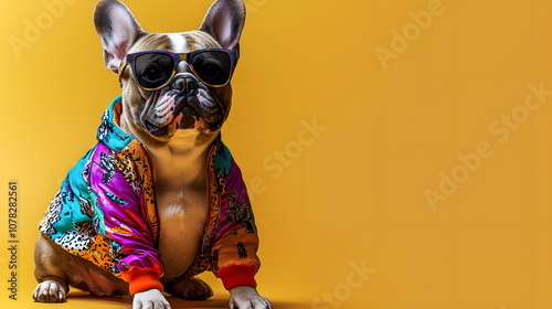 Stylish French Bulldog in colorful jacket and sunglasses photo