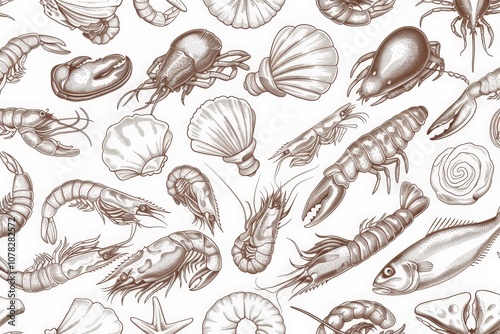Sea Food Pattern with Shrimp, Lobster and Shells
