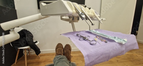 Instrumentos de dentista , Jeringuilla de anestesia de dentista y dosis de anestesia en bandeja de un sillón dental