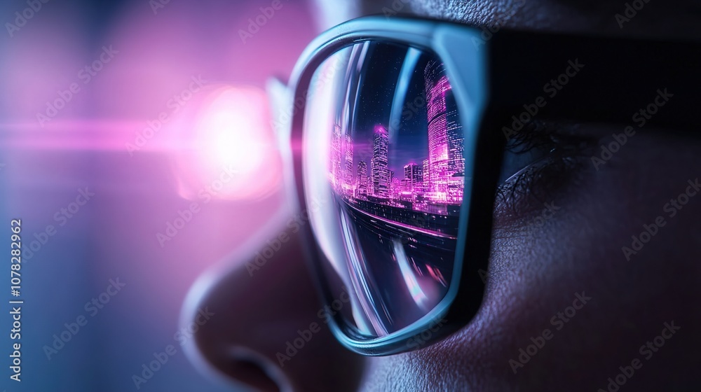 Close-up View of a Person's Face with Stylish Sunglasses Reflecting a Vibrant Cityscape in Neon Colors at Night, Capturing Urban Life and Modern Aesthetics Close-up View of a Person's Face with Stylish Sunglasses Reflecting a Vibrant Cityscape in Neon Colors at Night, Capturing Urban Life and Modern Aesthetics