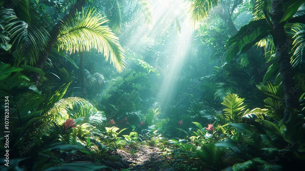 Lush tropical jungle scene with vibrant greenery, beams of sunlight filtering through dense foliage, creating a tranquil and serene atmosphere. Lush tropical jungle scene with vibrant greenery, beams of sunlight filtering through dense foliage, creating a tranquil and serene atmosphere.