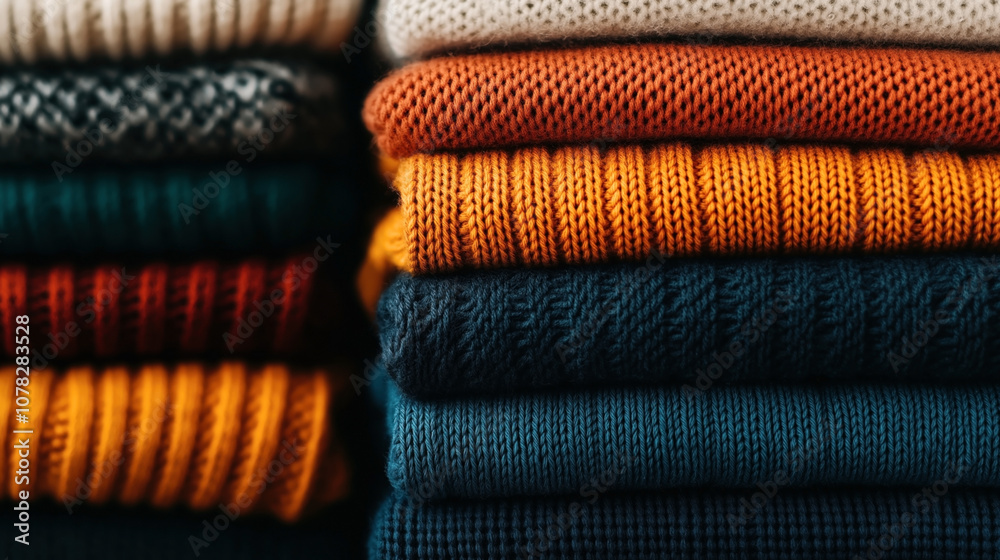 Stack of colorful knitted sweaters in a variety of textures and patterns, showcasing warm and cozy clothing for autumn or winter seasons, emphasizing vibrant orange, teal, and neutral tones. Stack of colorful knitted sweaters in a variety of textures and patterns, showcasing warm and cozy clothing for autumn or winter seasons, emphasizing vibrant orange, teal, and neutral tones.