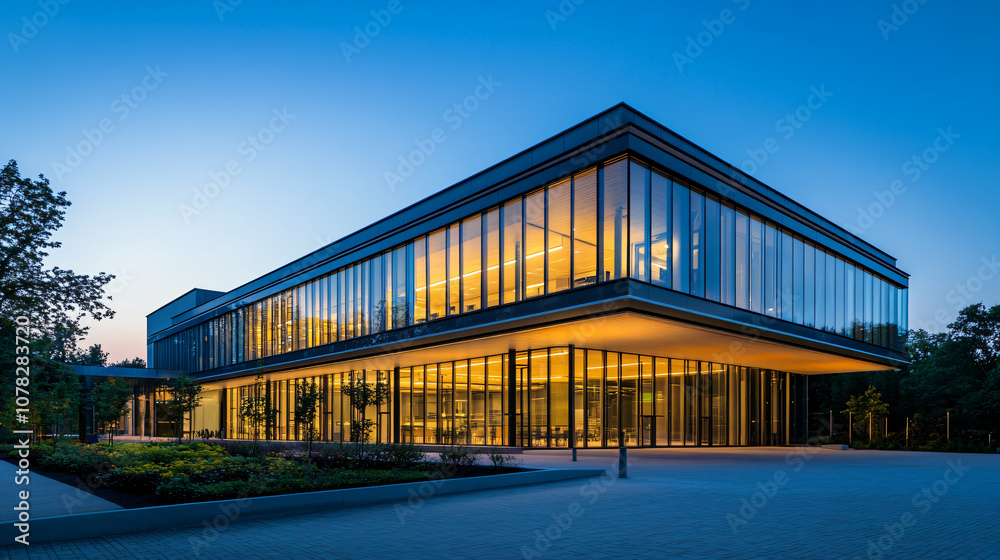 A modern building with large glass windows reflecting the evening sky, emphasizing contemporary design and architectural elegance in a vibrant setting. A modern building with large glass windows reflecting the evening sky, emphasizing contemporary design and architectural elegance in a vibrant setting.