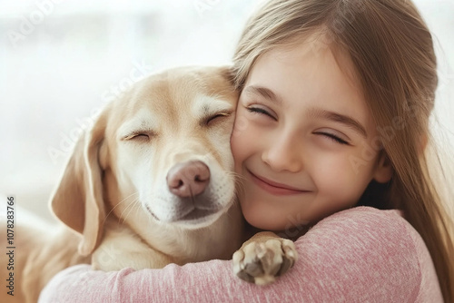 girl hugging her dog effusively, face to face. day of love for your pet. photo