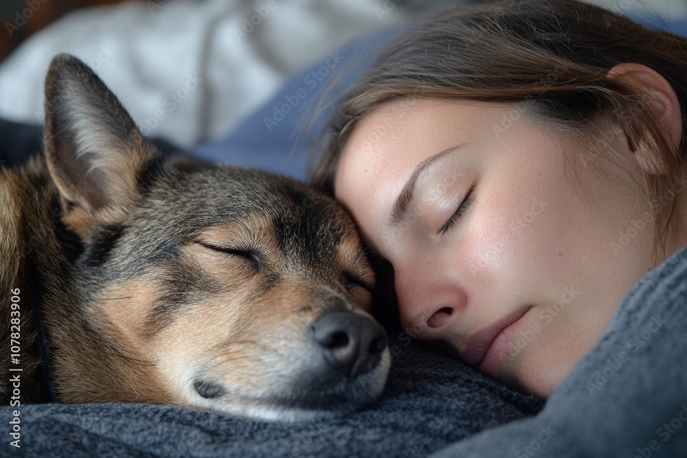 young girl sleeping next to her dog, day of love for your pet.