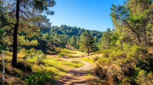 A serene forest path winding through lush greenery under a clear blue sky.