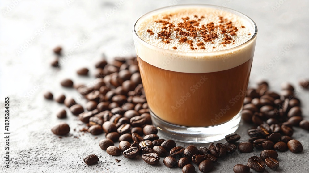 A steaming cappuccino in a white mug, topped with frothy milk and a sprinkle of chocolate A steaming cappuccino in a white mug, topped with frothy milk and a sprinkle of chocolate