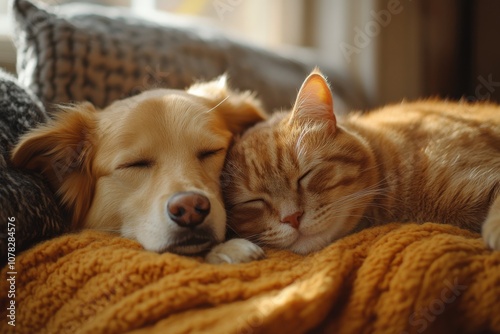 photo dog and cat sleeping cuddled with each other warm light and shadow minimalist aesthetic danish modern room