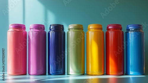 A row of colorful paint bottles casts vibrant shadows against a soft turquoise backdrop, showcasing an artistic palette ready for creativity.