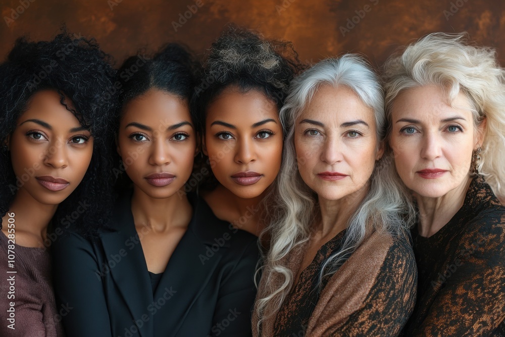 Fototapeta premium Multi-ethnic group of women of different ages posing against brown background
