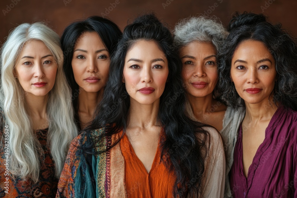 Multi-ethnic group of women of different ages posing against brown background Multi-ethnic group of women of different ages posing against brown background