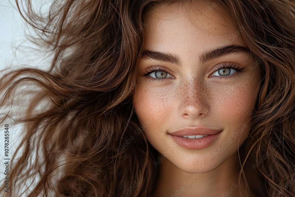 A close-up portrait of a woman with wavy hair, freckled skin, and striking blue eyes, exuding natural beauty and confidence.