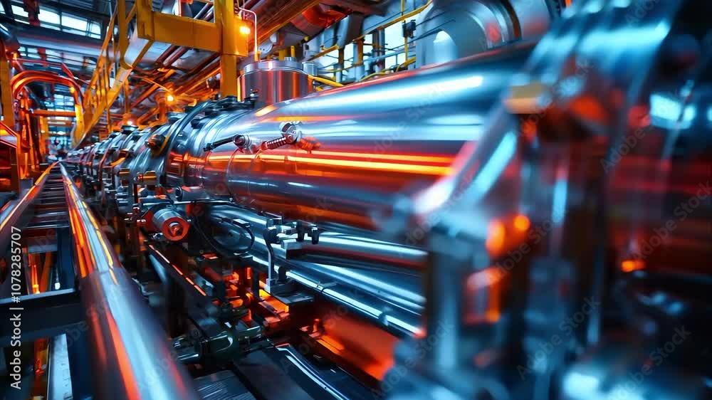 A close-up view of industrial machinery with shiny metal pipes and an illuminated environment, likely in a factory or plant. A close-up view of industrial machinery with shiny metal pipes and an illuminated environment, likely in a factory or plant.