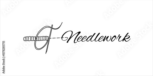 Needlework Concept. Needle and thread silhouettes, Manual Stitch. Hand drawn Vector illustration, line art isolated on white background. Outline graphics of Hobby, Sewing and Embroidery. Perfect for