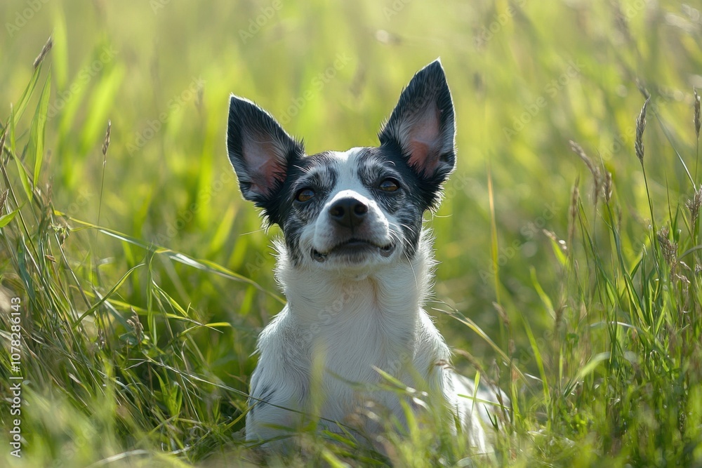 Spring, summer concept, playful happy pet dog puppy running in the grass and listening with funny ears Spring, summer concept, playful happy pet dog puppy running in the grass and listening with funny ears