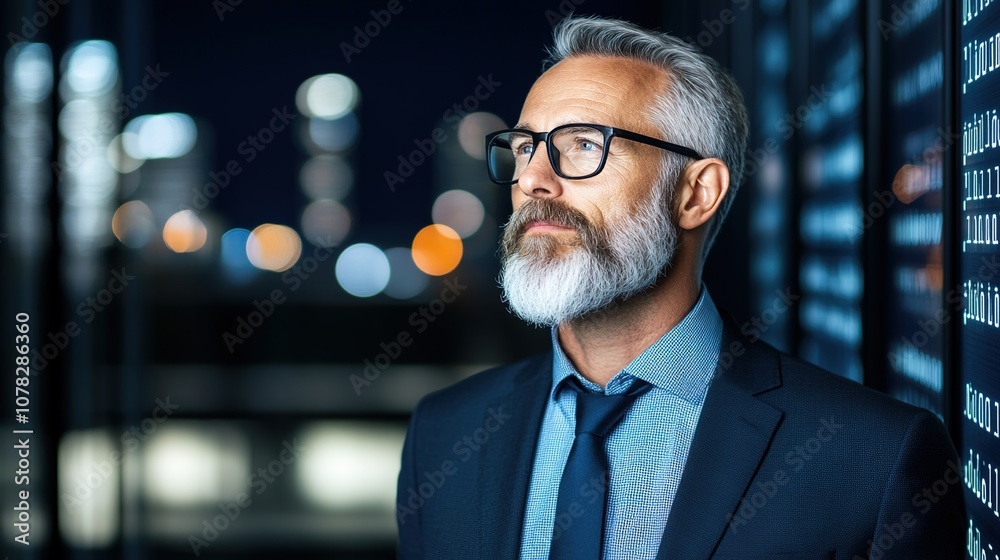 Pensive Businessman in a Modern Office Environment Contemplating Future Trends with Blurred City Lights in the Background During Nighttime Hours