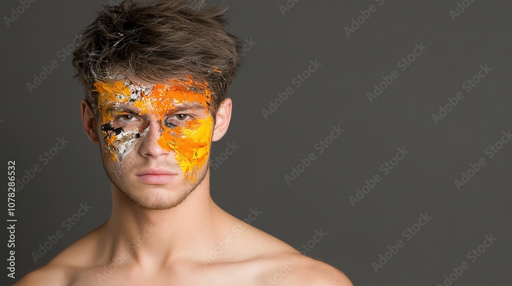 Young male model with artistic face paint in vibrant orange and silver tones against a neutral gray background, showcasing a unique creative expression and bold personality. Young male model with artistic face paint in vibrant orange and silver tones against a neutral gray background, showcasing a unique creative expression and bold personality.