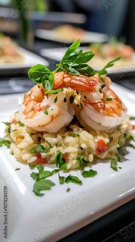 Savor a plate of Italian risotto garnished with fresh herbs and succulent seafood