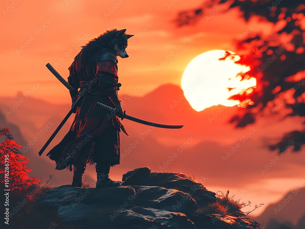 A wolf-like samurai stands on a rocky outcrop, his katana sheathed at his side, gazing at a fiery sunset over a mountainous landscape. A wolf-like samurai stands on a rocky outcrop, his katana sheathed at his side, gazing at a fiery sunset over a mountainous landscape.