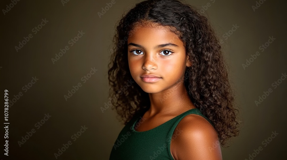 Portrait of a Young Girl with Curly Hair in a Green Top Against a Dark Background, Capturing Natural Beauty and Expressive Features for Stock Photography Use Portrait of a Young Girl with Curly Hair in a Green Top Against a Dark Background, Capturing Natural Beauty and Expressive Features for Stock Photography Use