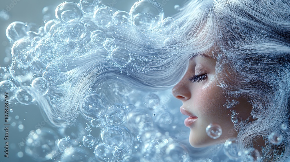 hair and transparent blue bubbles 3d rendering hair and transparent blue bubbles 3d rendering