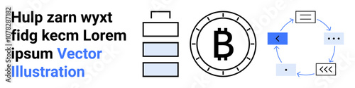 Blockchain concept represents cryptocurrency with a Bitcoin symbol, stacked battery indicating power, and cyclical workflow diagram showing process flow. Ideal for technology, cryptocurrency, energy