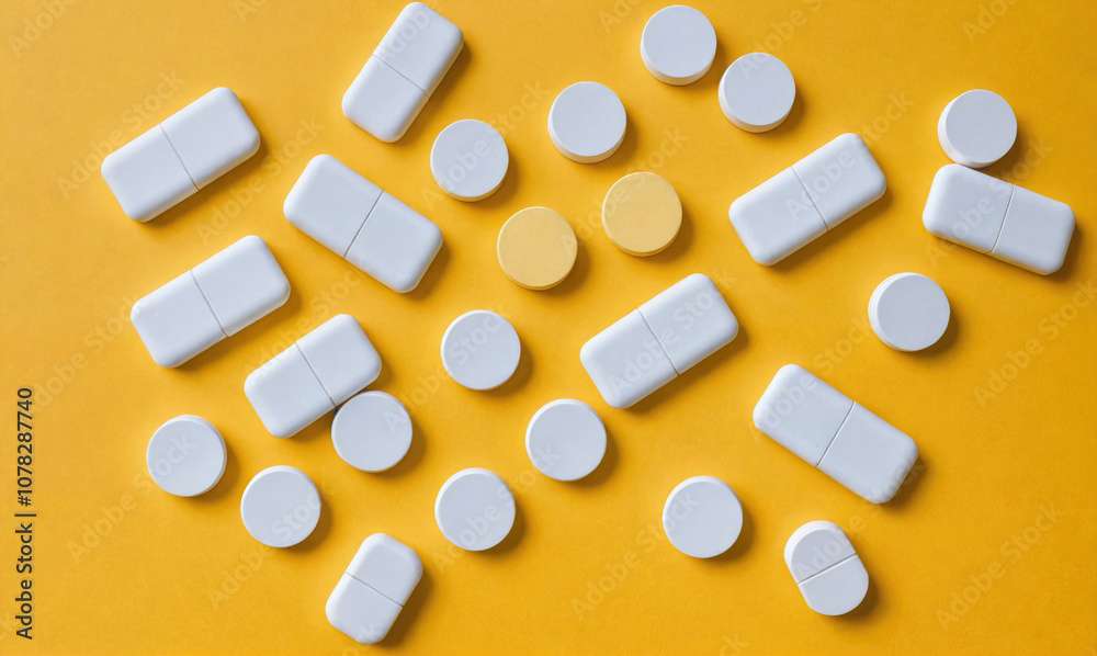 White pills and tablets are scattered across a yellow surface White pills and tablets are scattered across a yellow surface