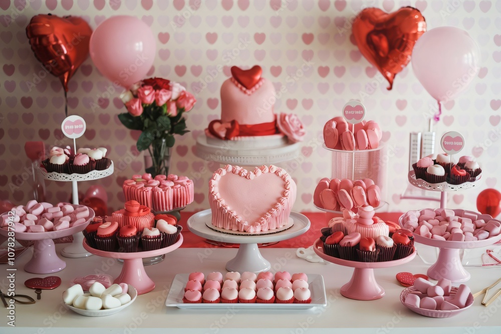 Romantic Valentine's Dessert Table with Heart-Shaped Cakes, Cupcakes, Macarons, Chocolate-Covered Strawberries, and Decorations in Pink and Red Romantic Valentine's Dessert Table with Heart-Shaped Cakes, Cupcakes, Macarons, Chocolate-Covered Strawberries, and Decorations in Pink and Red