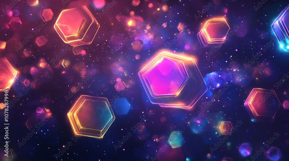 Neon glowing hexagons floating in space with light particle effects. Neon glowing hexagons floating in space with light particle effects.
