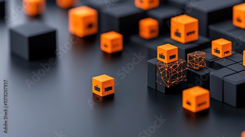 Digital cubes with orange and black colors represent data flow and technology concepts in a modern abstract design with a futuristic look for tech-related projects.