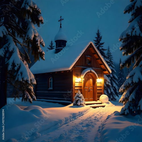 A serene winter night scene with a cozy wooden Orthodox chapel glowing warmly, photo