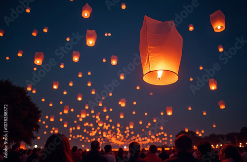 Sky lanterns floating in the night sky. Flying traditional orange paper sky lanterns at night, Festival of lights. photo