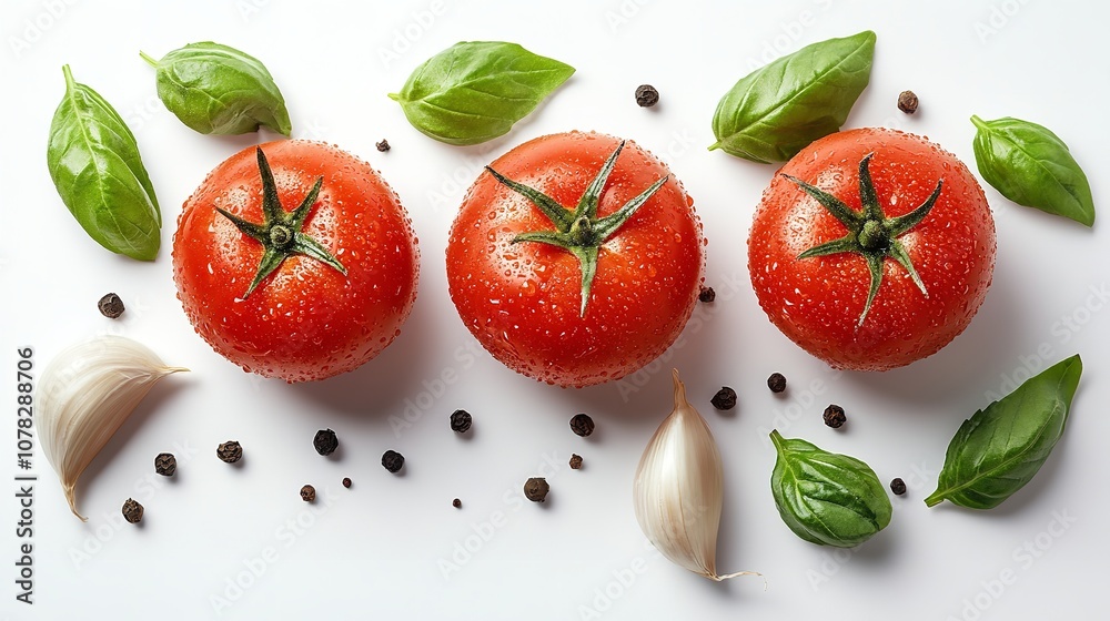 Tomato garlic and basil isolated on white Tomato garlic and basil isolated on white